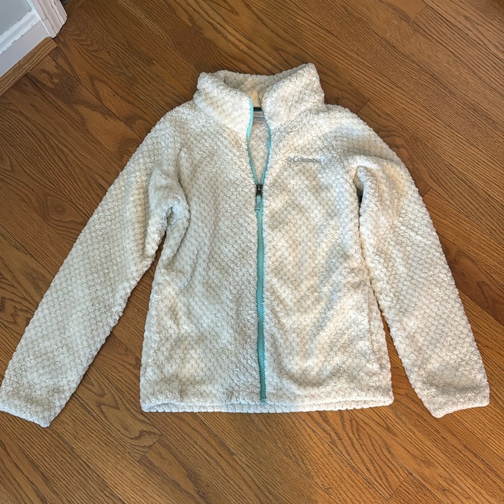 Columbia Fluffy Fleece Jacket Cream Turquoise Girls Youth Large Winter Coat Soft